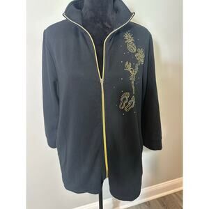 Quacker Factory Black Zip Jacket L Gold Rhinestone Tropical Pineapple Bling